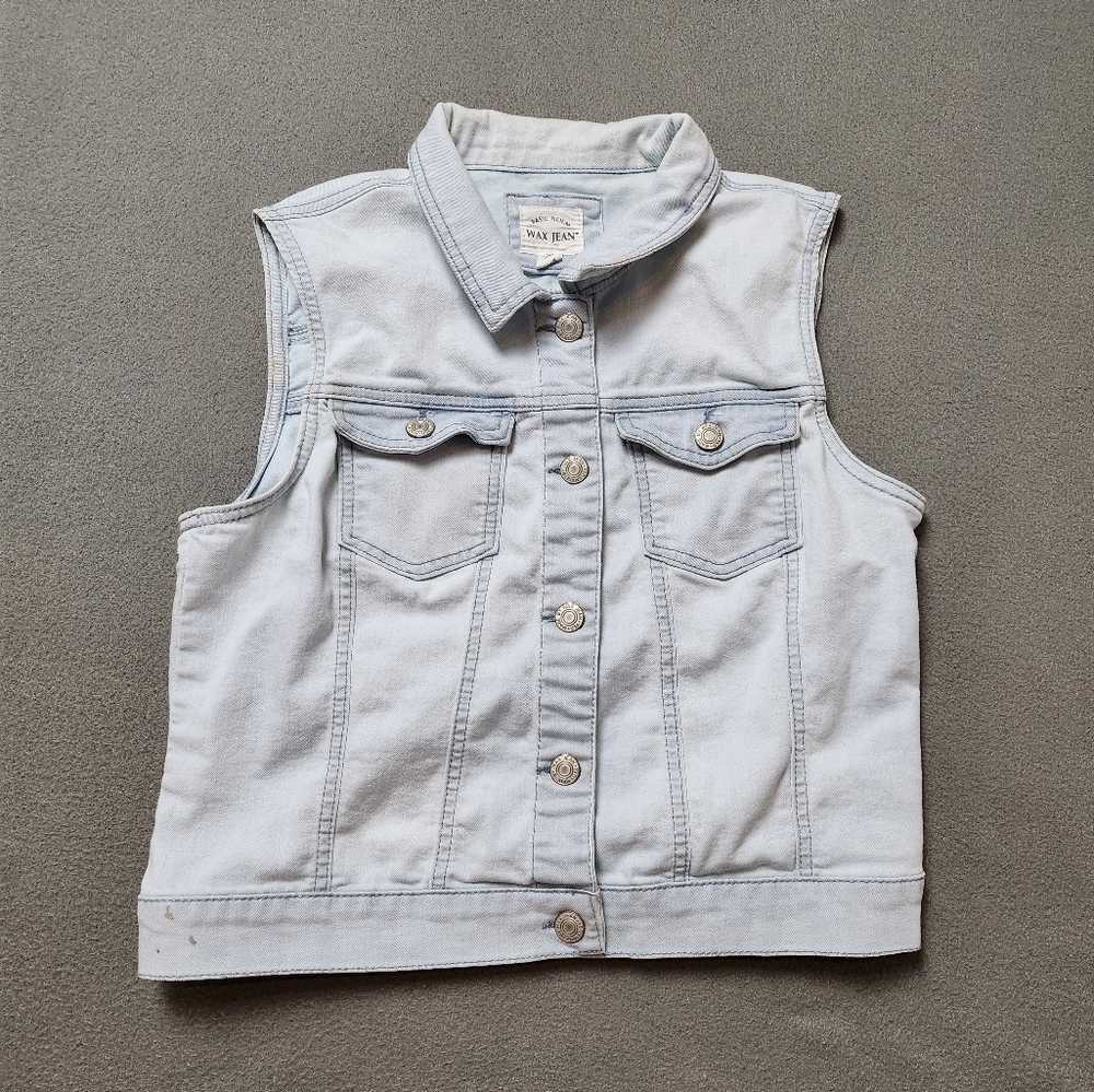 Wax Jean Blue Denim Button Up Vest Large Sleeveless Jacket